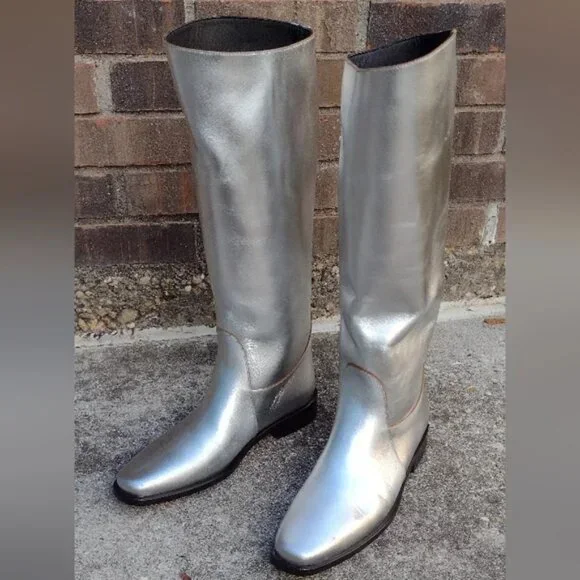Khaite The Wooster Riding Boots Silver Metallic Leather NWOT - Picture 2 of 15